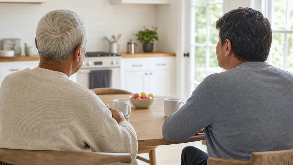 A calm family conversation in a bright kitchen